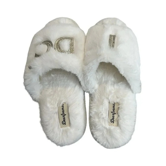 Dearfoams Wedding ‘I DO’ Slippers Women’s M‎ (7-8)  Slides Faux Fur Memory Foam - Picture 3 of 5